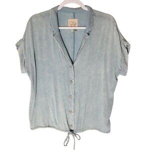 Chaser Womens Brushed Distressed Button Top‎ Blue Tie Hem Viscose Soft